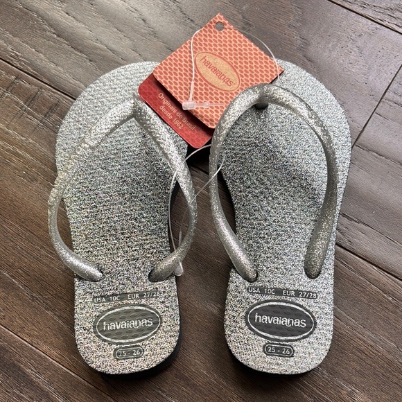Havaianas Slim Gloss Black & metallic thong flip flops,cushioned footbed,summer - Picture 1 of 6